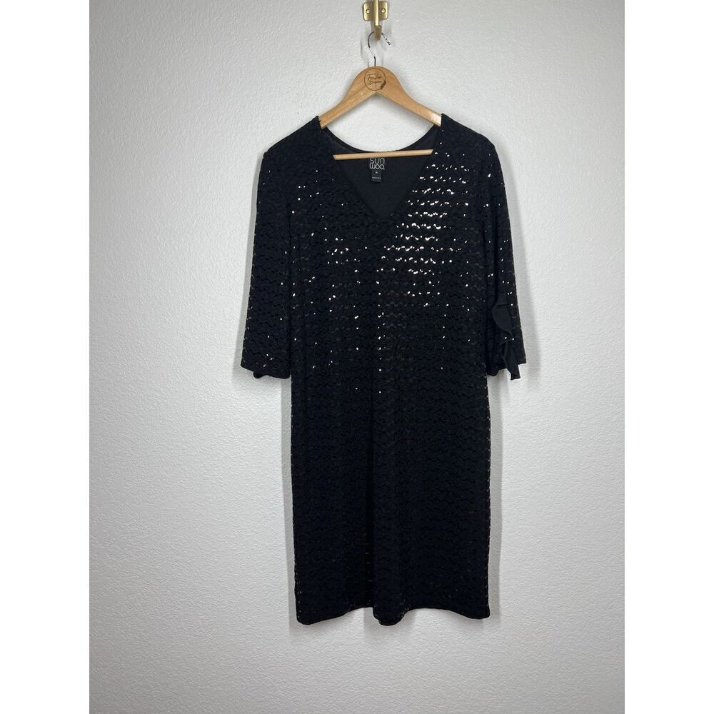 Clara Sun Woo Black Sequin Shift Dress Medium 3/4 Ruffled Sleeve